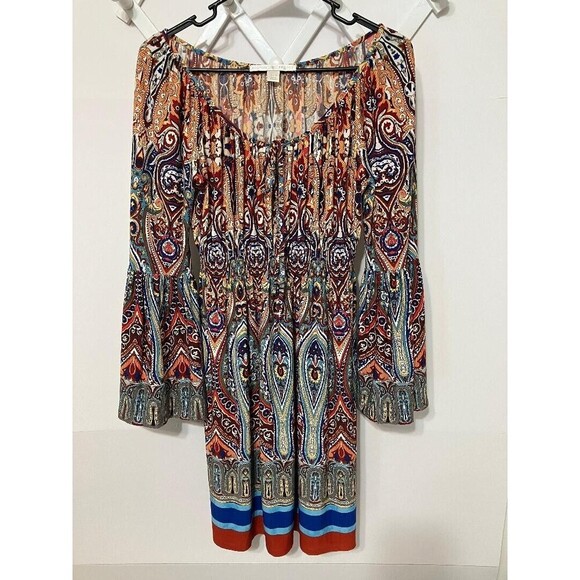 Boston Proper Womans Dress Sz 4 Multicolor Gypsy Boho Smocked Waist Bell Sleeve - Picture 2 of 10